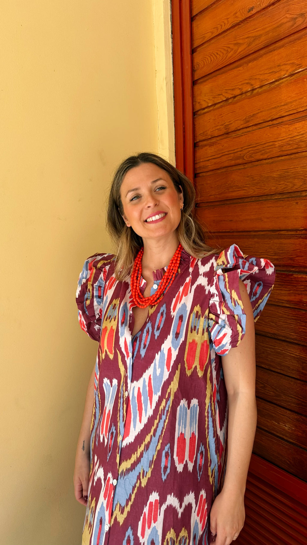 VESTIDO INDIO ESTAMPADO ETNICO VOLANTE MANGA