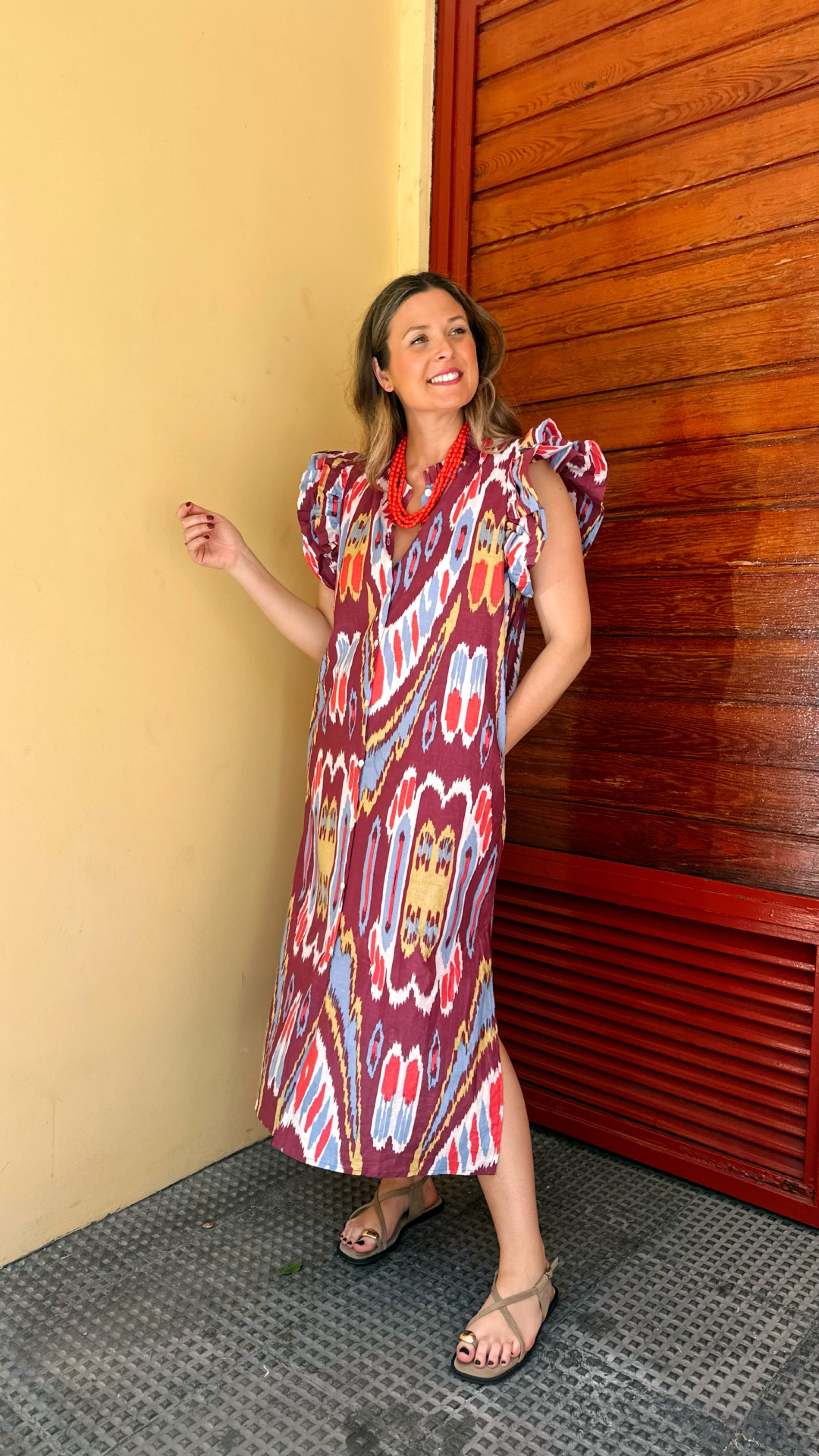 VESTIDO INDIO ESTAMPADO ETNICO VOLANTE MANGA