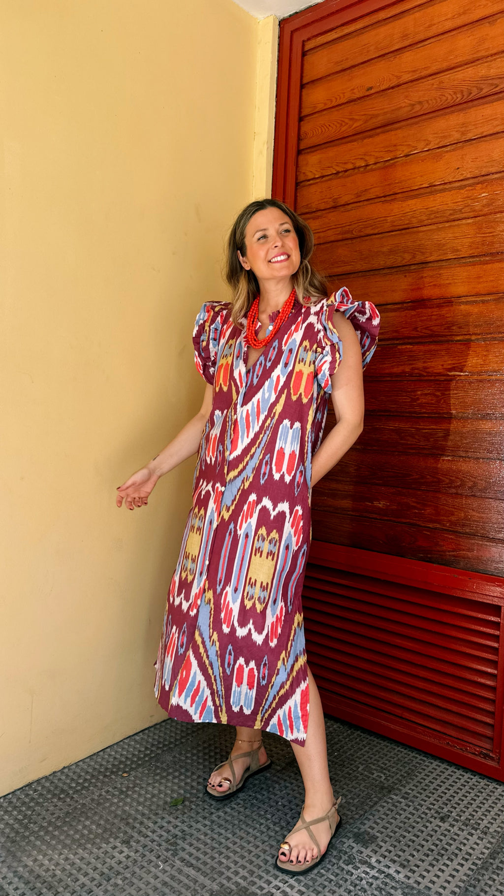VESTIDO INDIO ESTAMPADO ETNICO VOLANTE MANGA