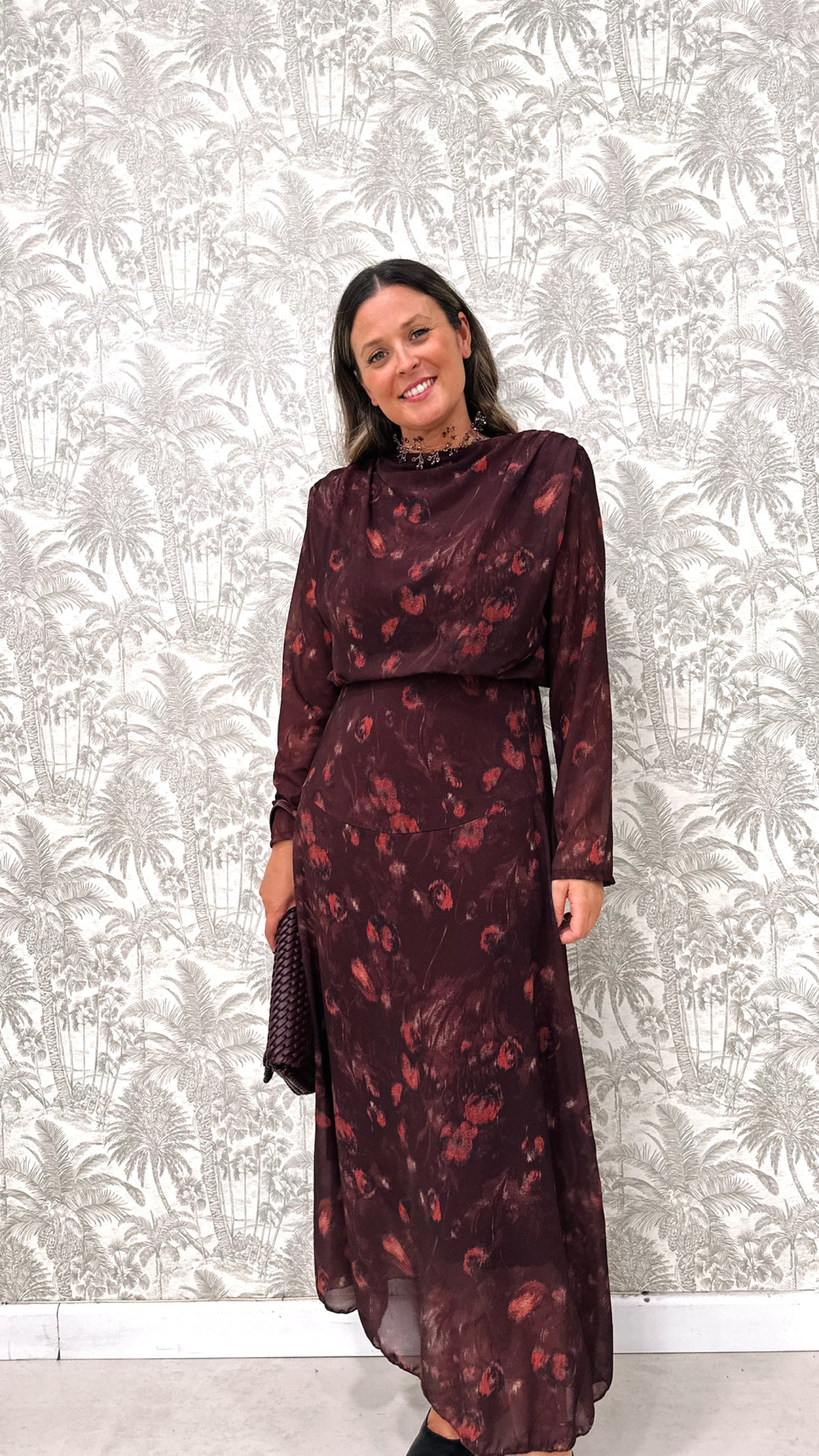 VESTIDO FIESTA ESTAMPADO FLOR GASA HOMBRERAS