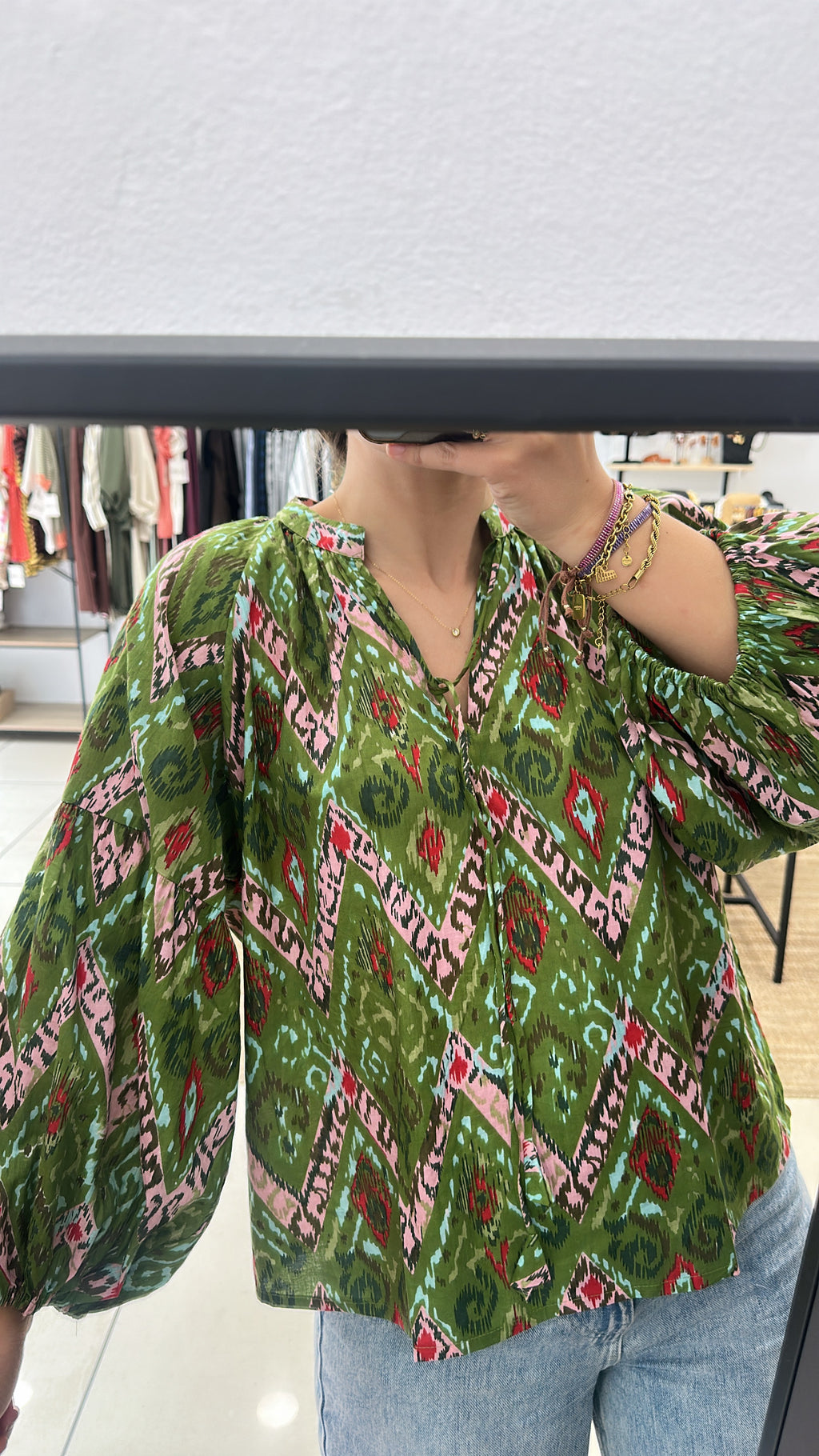 BLUSA INDIA ESTAMPADA CUERDA CUELLO