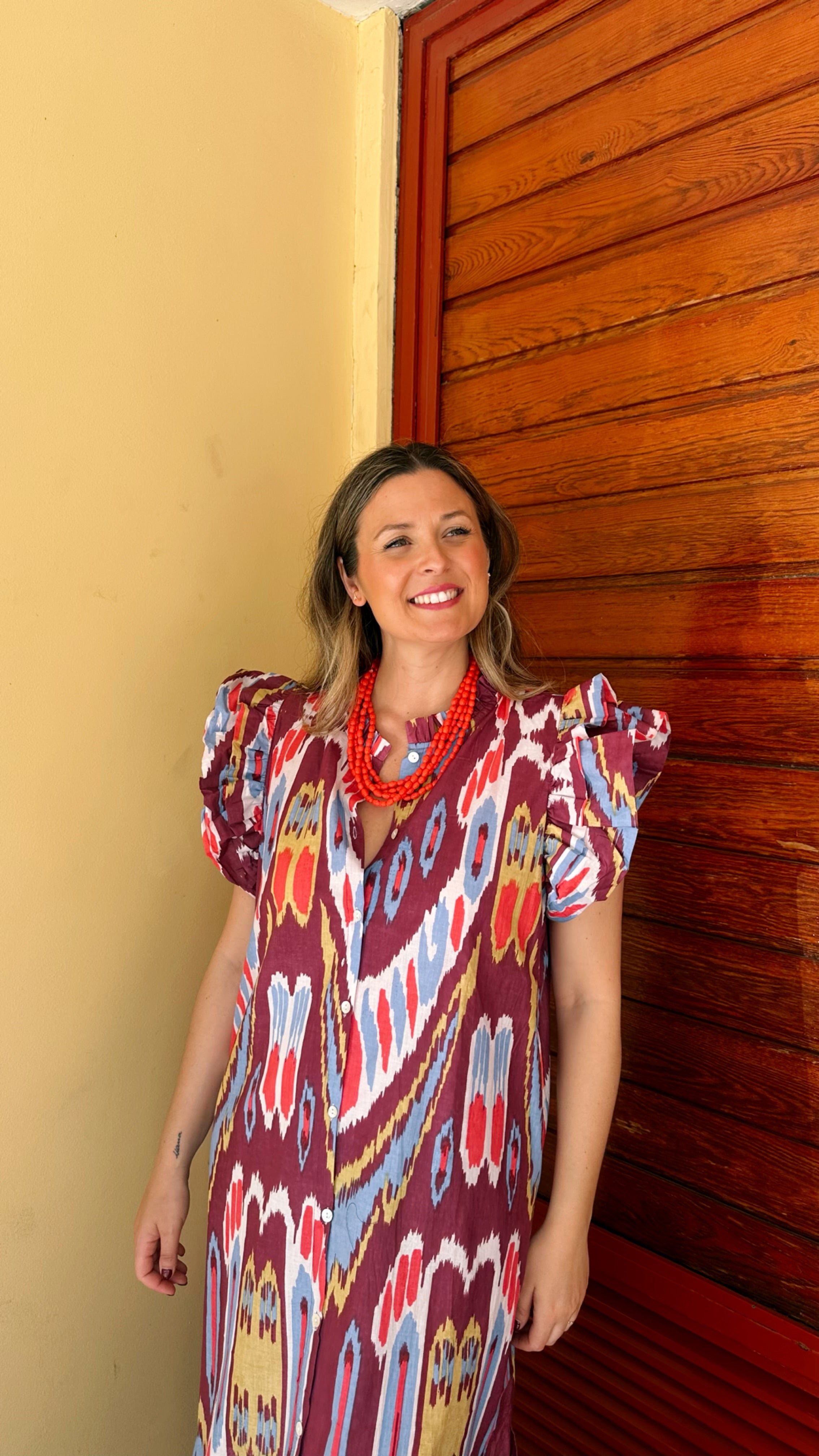 VESTIDO INDIO ESTAMPADO ETNICO VOLANTE MANGA