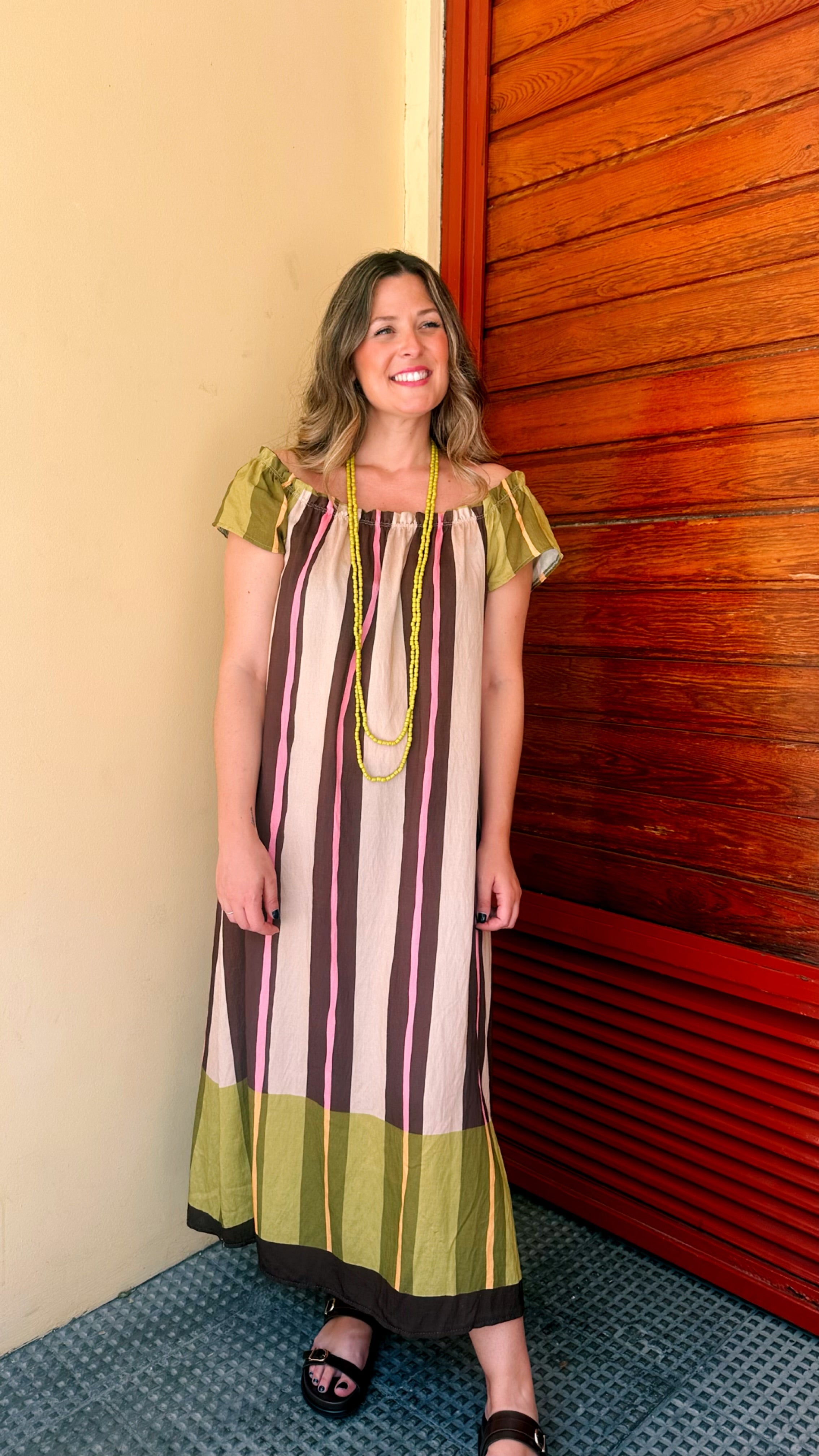 VESTIDO RAYAS COLOR CUELLO U FRUNCE