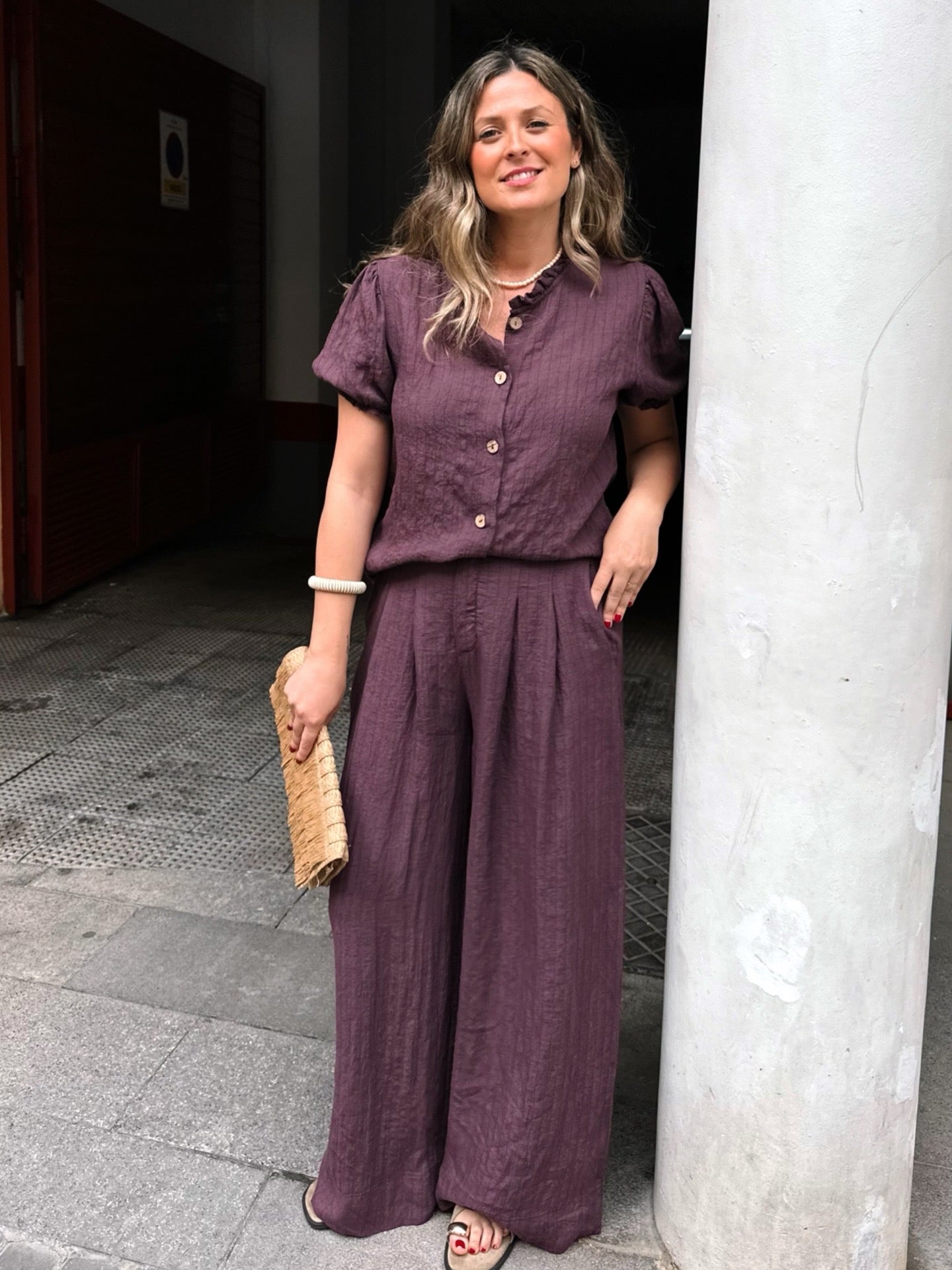 BLUSA LÍNEAS PESPUNTE MANGA ABULLONADA