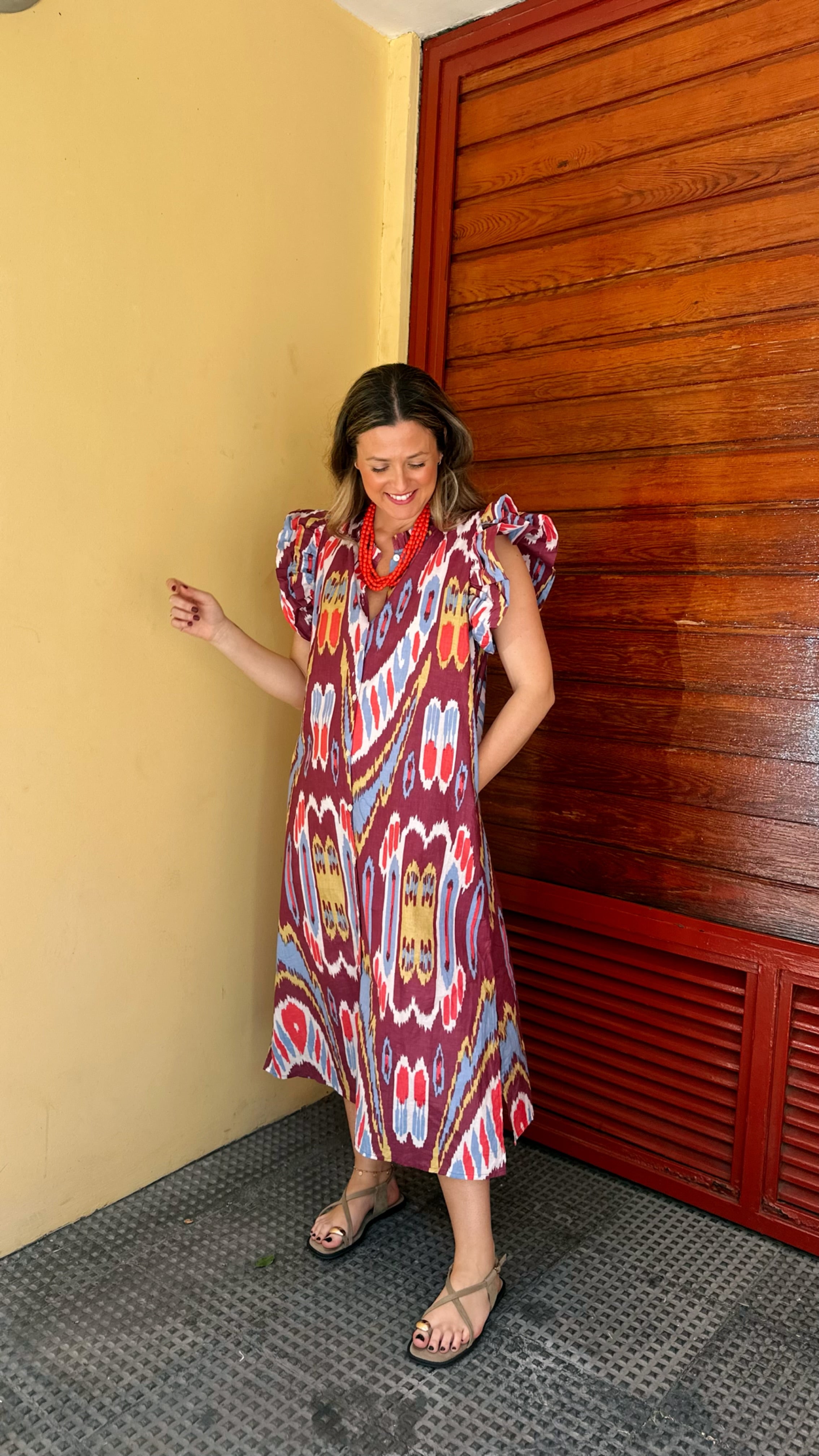 VESTIDO INDIO ESTAMPADO ETNICO VOLANTE MANGA