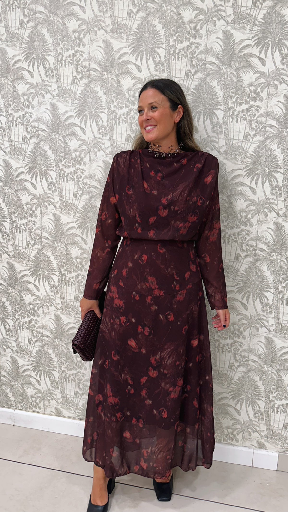 VESTIDO FIESTA ESTAMPADO FLOR GASA HOMBRERAS